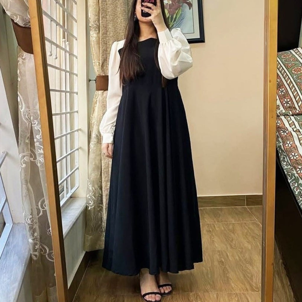 Georgette Black & White Pleated Long Maxi Dress