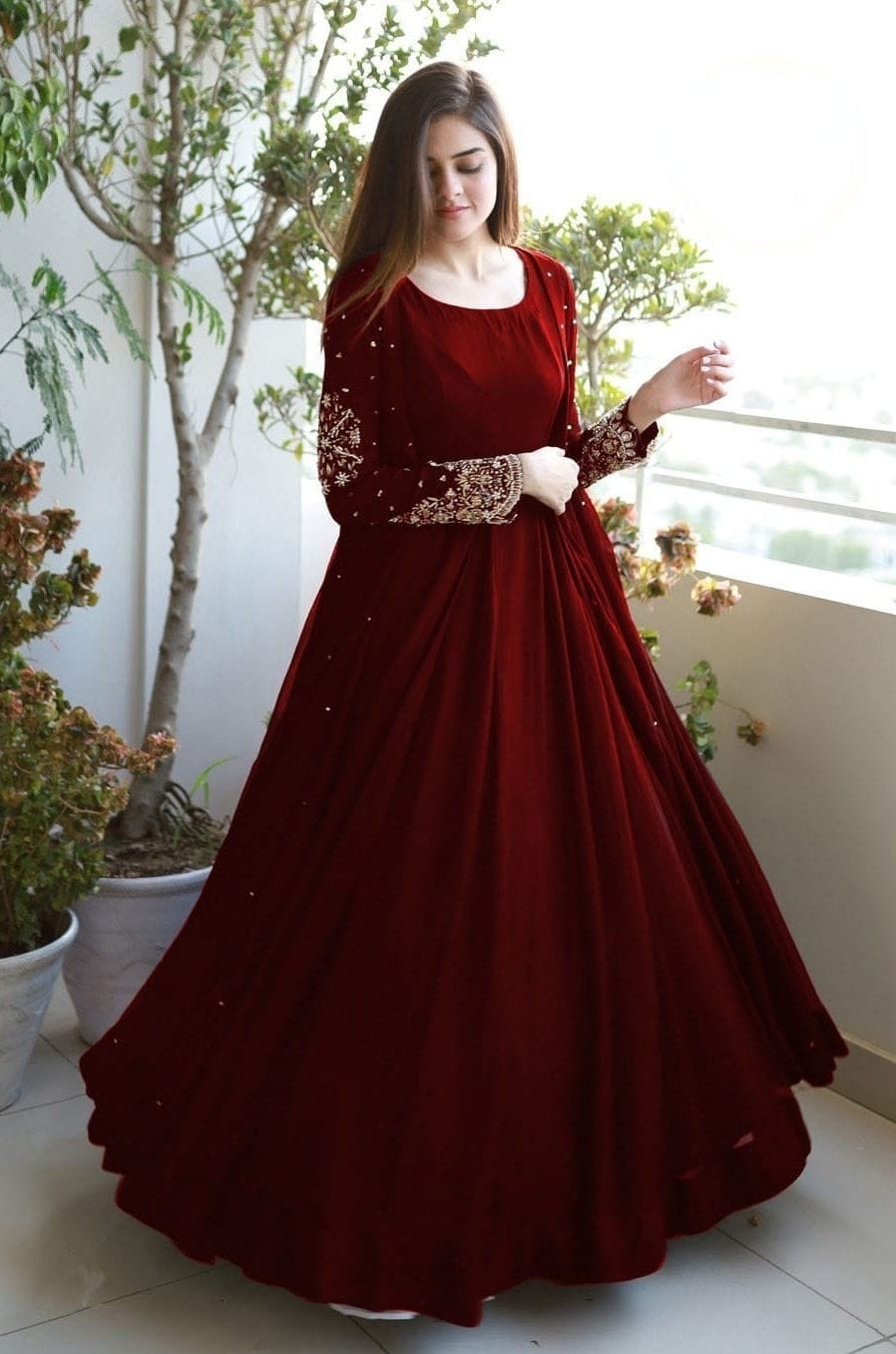 Pearl Embroidered Long Maxi Gown 3PC