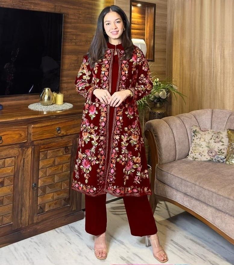 Luxury Embroidered Silk Coat 3 Piece