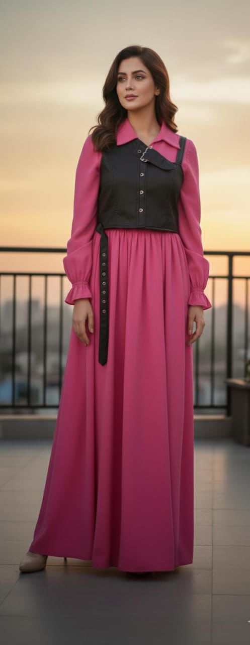 Wool Peach Maxi Dress with Denim Jacket – 2 Piece Set | Nuraa