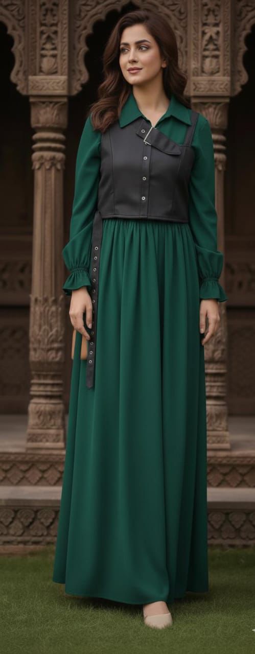 Wool Peach Maxi Dress with Denim Jacket – 2 Piece Set | Nuraa