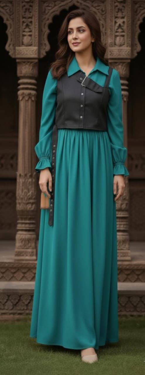 Wool Peach Maxi Dress with Denim Jacket – 2 Piece Set | Nuraa