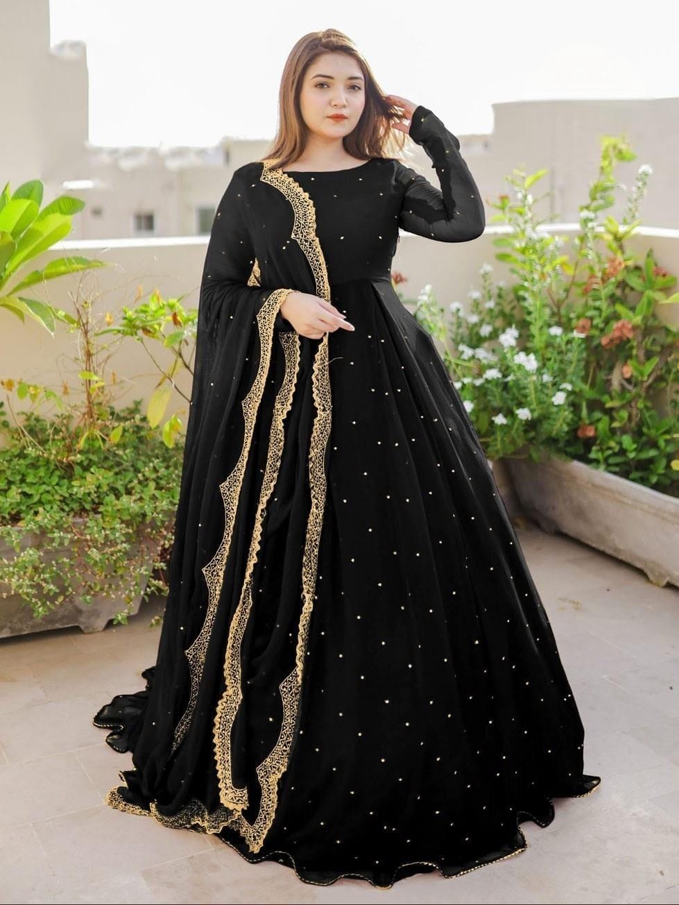 Pearls with Lace Long Flare Maxi 3 Pcs – Eid Collection