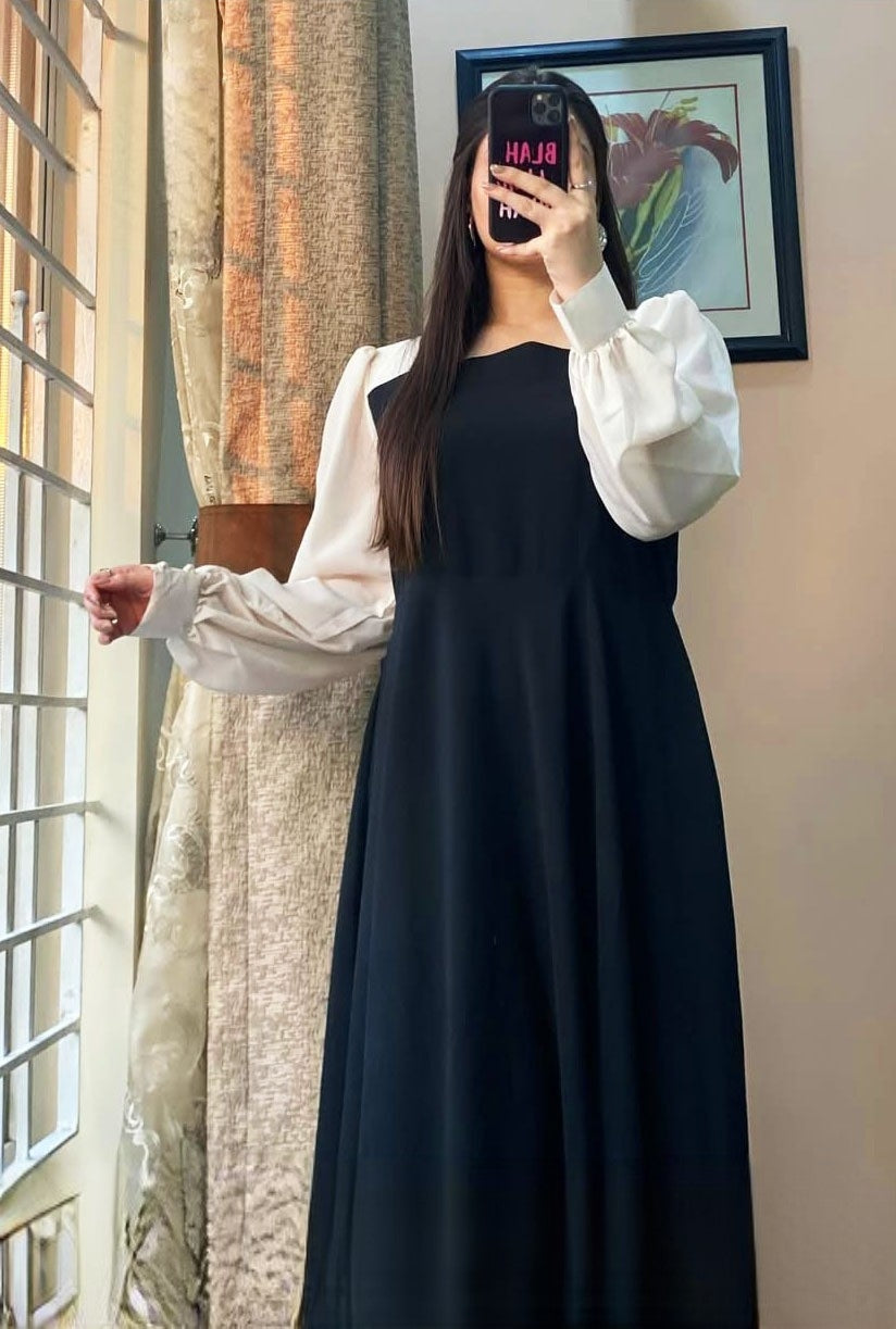 Georgette Black & White Pleated Long Maxi Dress