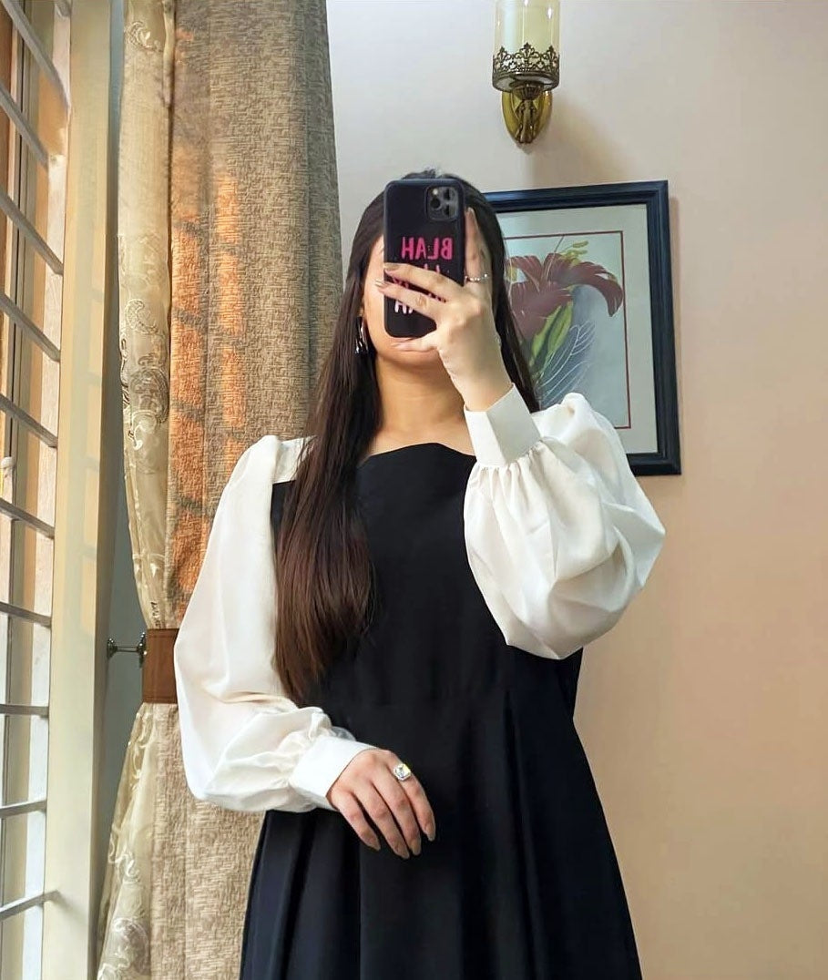 Georgette Black & White Pleated Long Maxi Dress